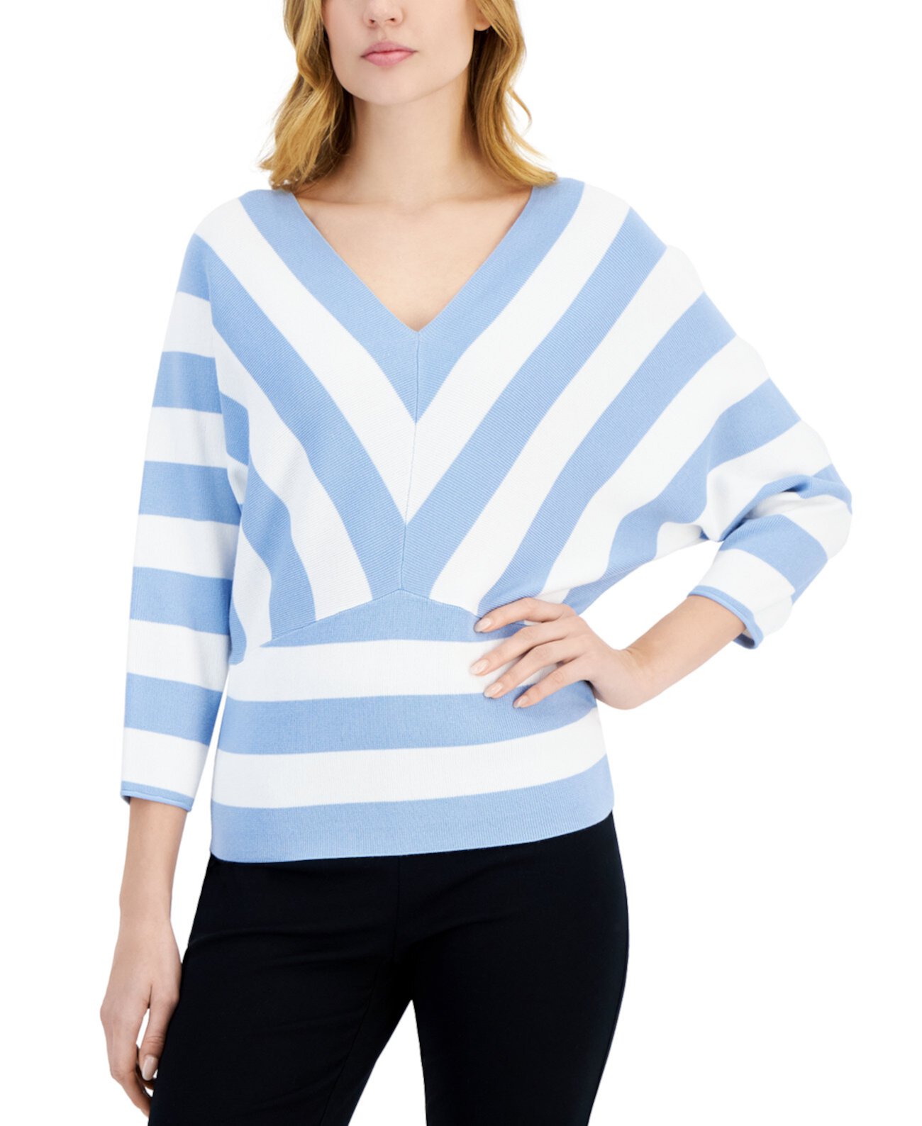 Женский полосатый свитер с v-образным вырезом и рукавами 3/4 T Tahari