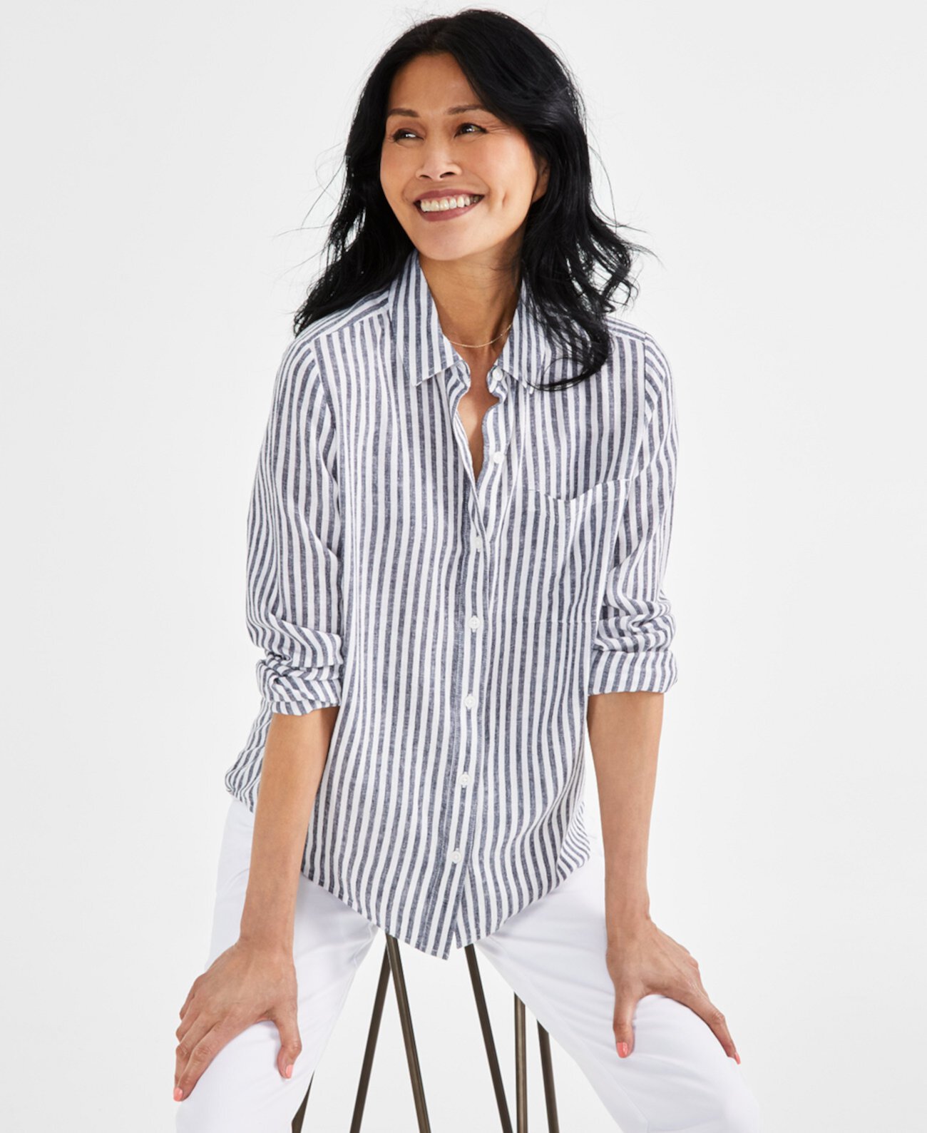 Женская полосатая рубашка на пуговицах из смесового льна, созданная для Macy's Style & Co