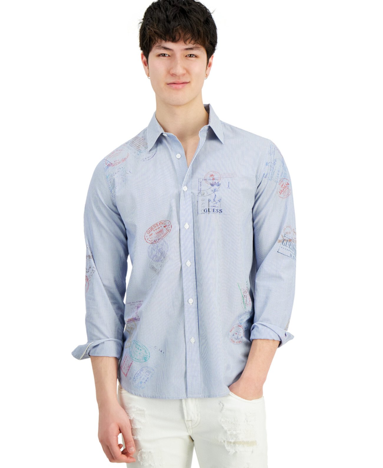Мужская рубашка на пуговицах с принтом в прибрежную полоску GUESS