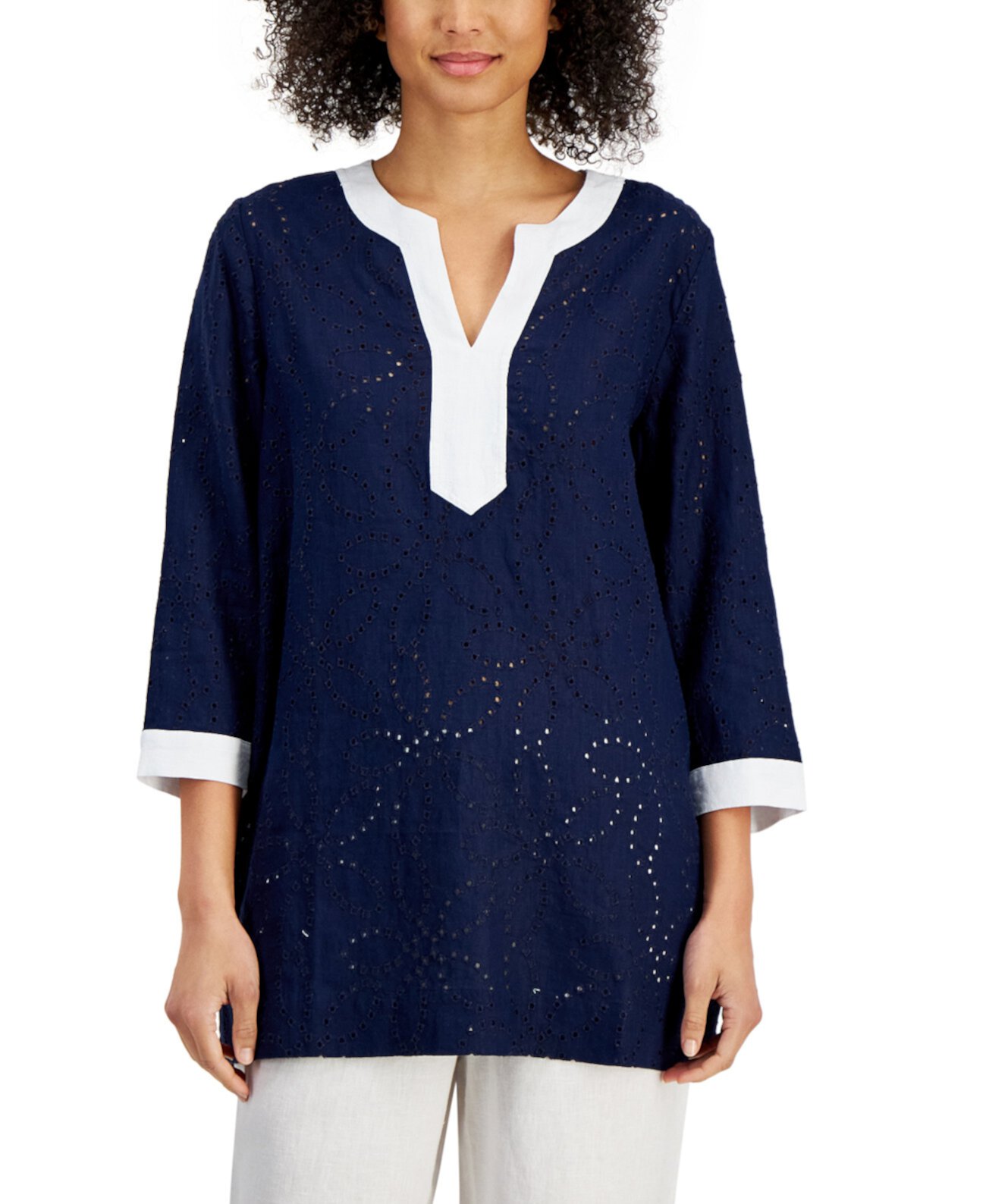 100% Linen Petite Colorblocked Eyelet 3/4 Sleeve Tunic Top, Created for Macy's Charter Club