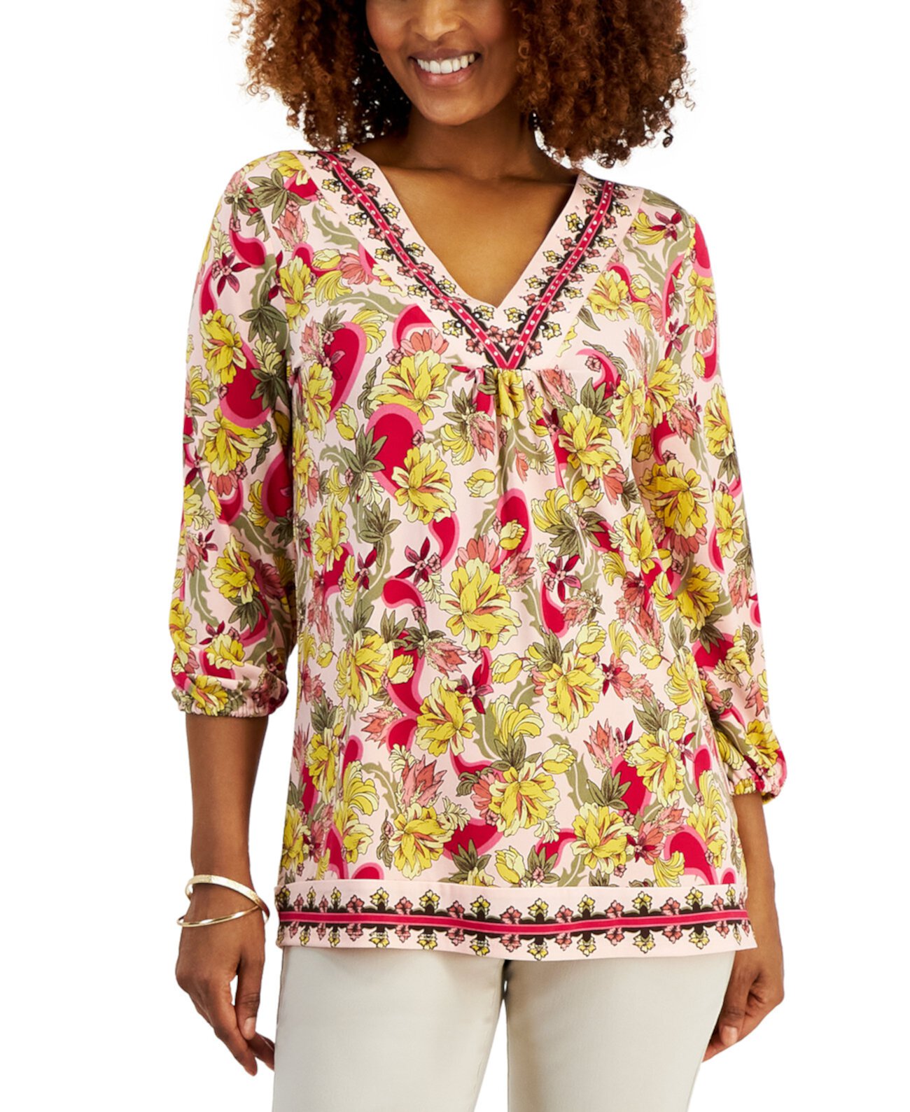 Petite Floral V Neck 3/4-Sleeve Top, Created for Macy's J&M Collection
