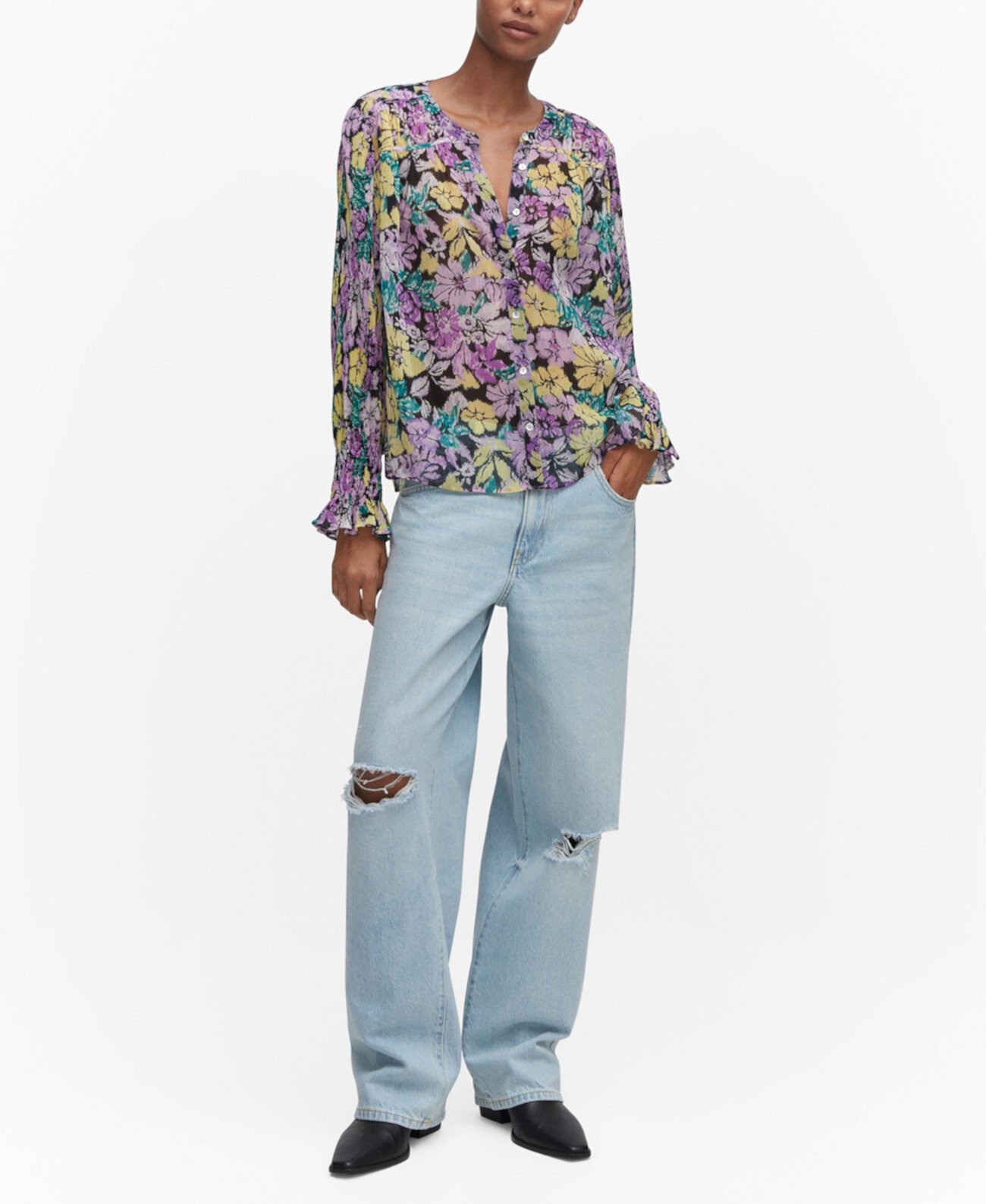 Женская фактурная блузка с цветочным принтом MANGO