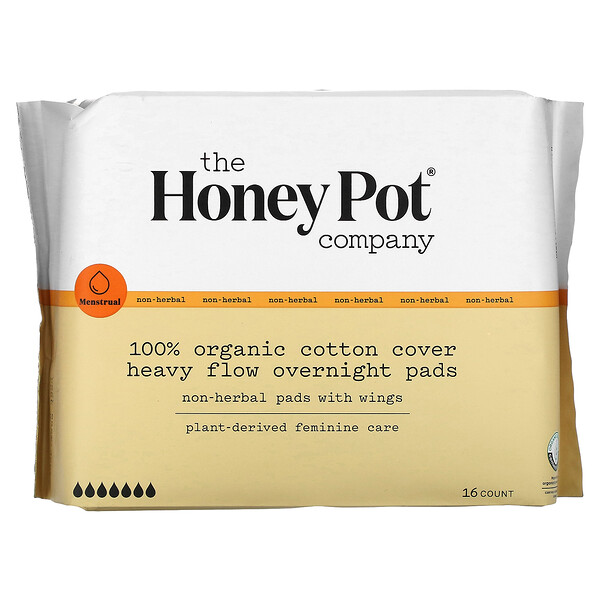 100% органический хлопок, ночные прокладки с тяжелым потоком, 16 шт. The Honey Pot