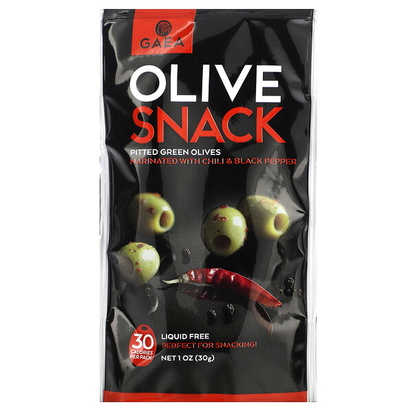 Olive Snack, Pitted Green Olives Marinated With Chili & Black Pepper, 1 oz (30 g) Gaea