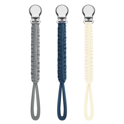 Pacifier Clip Holder LcyKohn Braided Pacifier Clips 2 Pack Unisex Pacifier Strap for Baby Boys and Girls Shower Birthday Chrismas Gifts (Sky, Grey) LcyKohn