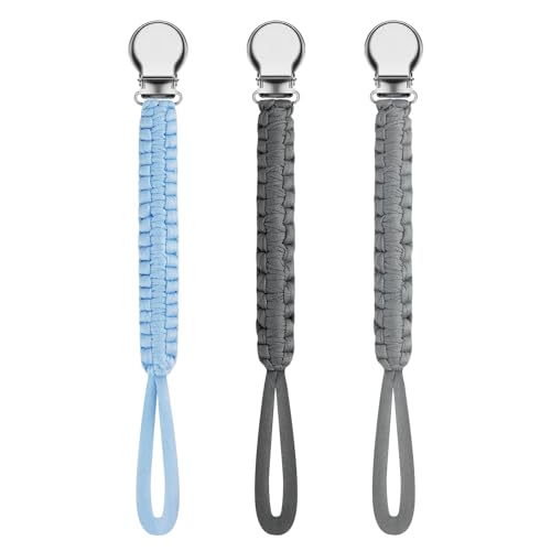 Pacifier Clip Holder LcyKohn Braided Pacifier Clips 2 Pack Unisex Pacifier Strap for Baby Boys and Girls Shower Birthday Chrismas Gifts (Sky, Grey) LcyKohn