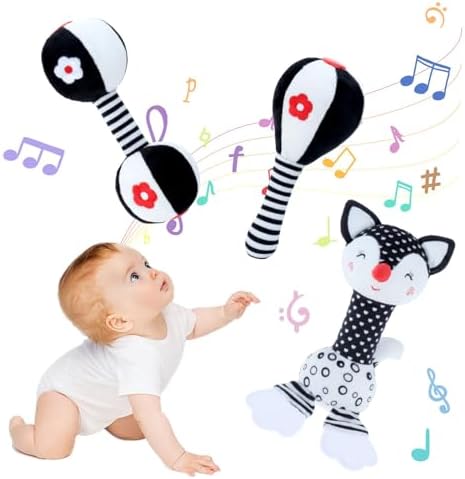 Мягкие детские погремушки для новорожденных 0-6 месяцев, Vsenkes, черно-белые высококонтрастные детские игрушки, погремушка для младенцев 0-3, 6-12 месяцев, прорезыватель для развития мозга Монтессори, жевательная игрушка, плюшевый подарок для душа Vsenkes