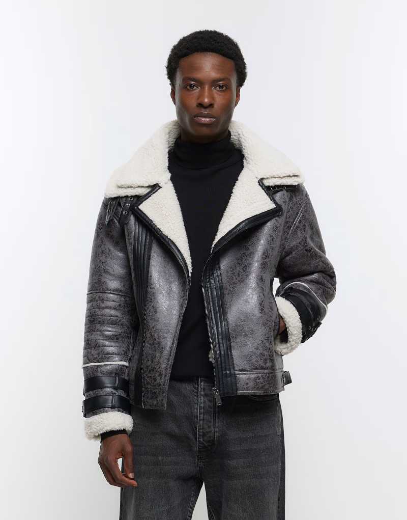 Мужская Куртка RIVER ISLAND Crackle Faux Shearling Aviator в Сером RIVER ISLAND