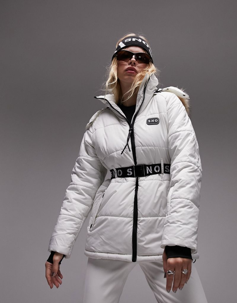 Бежевое лыжное пальто с поясом и капюшоном из искусственного меха Topshop Sno TOPSHOP