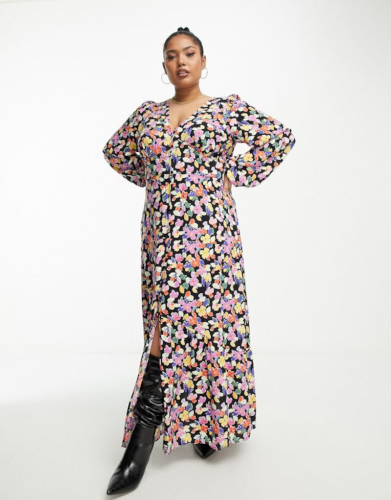 Ярусное платье макси на пуговицах с цветочным принтом Vila Curve Vila