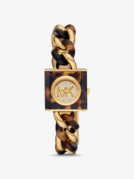Часы Petite Lock с золотистым паве и черепаховой расцветкой на цепочке из ацетата Michael Kors