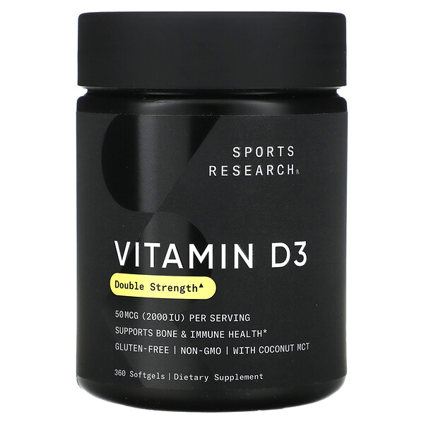 Витамин D3, двойная сила, 50 мкг (2000 МЕ), 360 мягких таблеток Sports Research