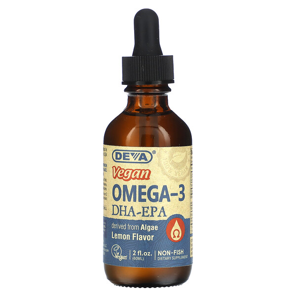 Веганский Omega-3 DHA-EPA, лимон, 2 жидких унции (60 мл) Deva