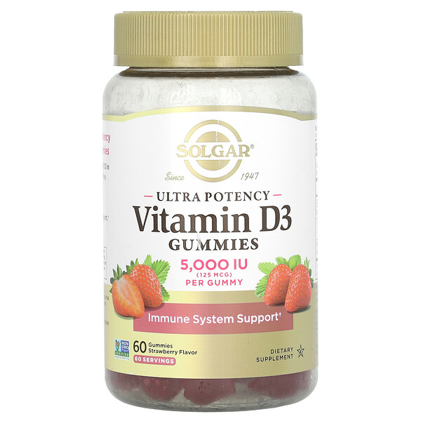 Жевательные конфеты Ultra Potency с витамином D3, клубника, 125 мкг (5000 МЕ), 60 жевательных таблеток Solgar
