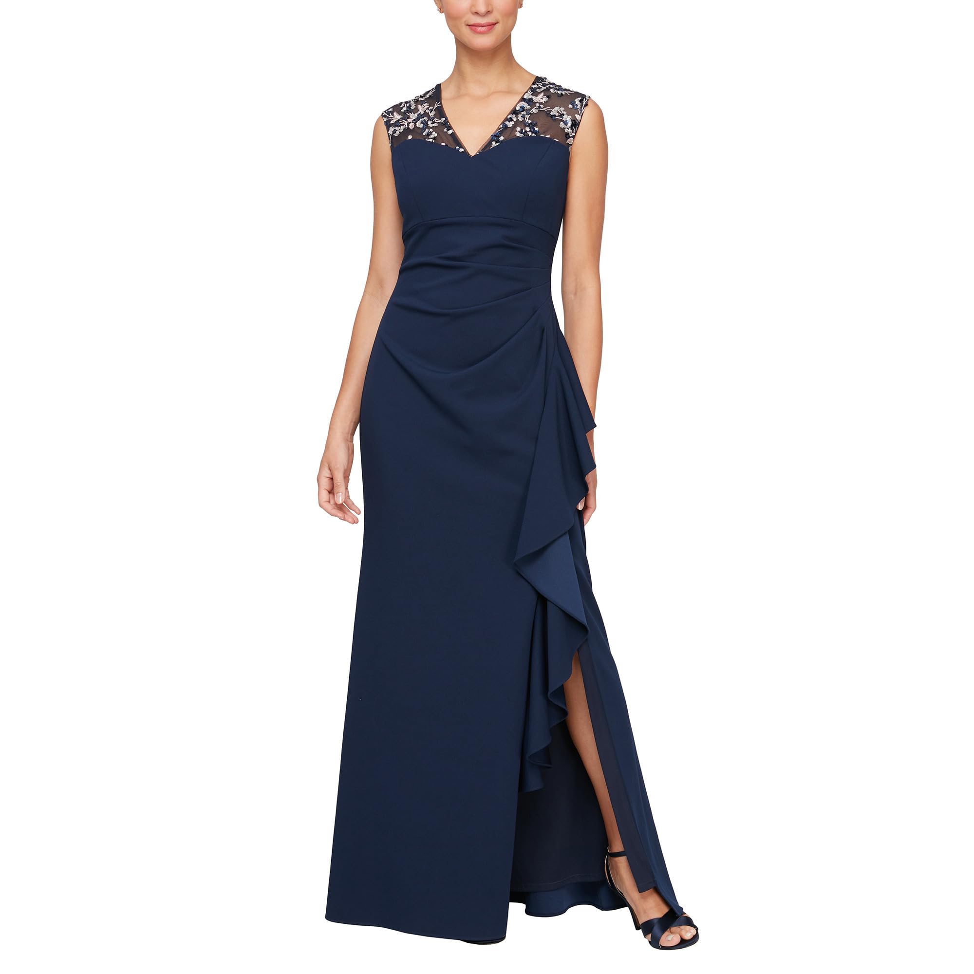 Long Matte Jersey Dress with Embroidered Illussion Neckline Alex Evenings