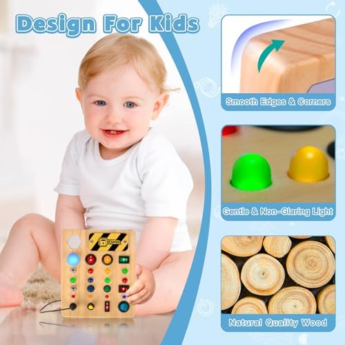 HONGDDY LED Busy Board, Wooden Sensory Toys for Toddler, Montessori Music Toy for Airplane, Travel Activity Educational Learning Toy, Busy Light Switch Autism Toys, Birthday Boys Girls Gifts HONGDDY