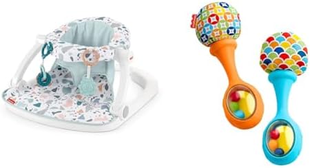 Портативный детский стульчик Fisher-Price Baby Напольное сиденье Sit-Me-Up и игрушки для новорожденных Маракасы Rattle 'n Rock, набор из 2 мягких музыкальных инструментов для детей от 3 месяцев, синий оранжевый FISHER-PRICE BABY