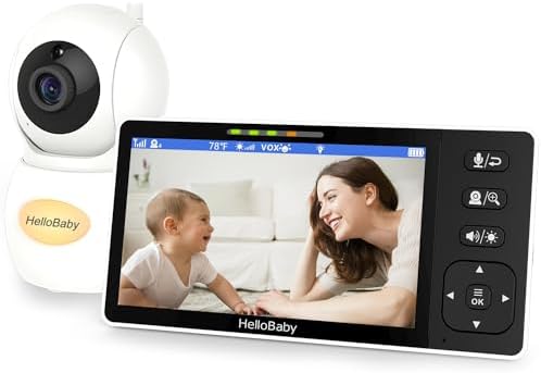 HelloBaby 720P 5,5-дюймовая HD-видеоняня без Wi-Fi, удаленная радионяня с панорамированием, наклоном и зумом с камерой и звуком, широкий диапазон обзора, камера 1080P, ночник, защита от взлома, аккумулятор емкостью 4000 мАч, время и часы HelloBaby