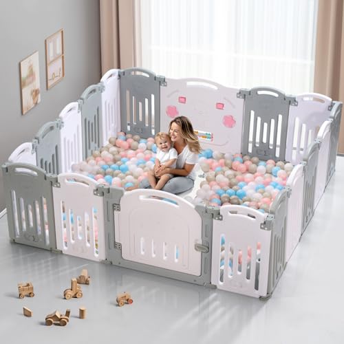 UANLAUO Baby Fence, Foldable Playpen, 18 Panel Extra Large Playpen for Babies Toddlers Infant, Safety Material Portable Play Yards with Gate, NO Gaps Play Area Indoor Outdoor Use, Grey+Cream UANLAUO