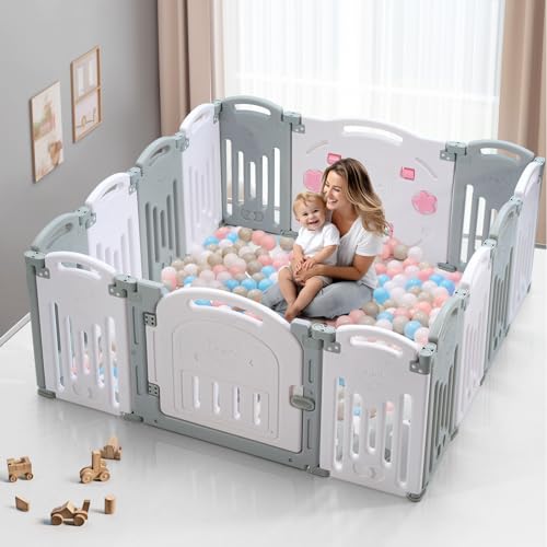 Baby Playpen, Uanlauo Safety Play Yard, Easy Assemble Play Pens for Babies and Toddlers, Sturdy Baby Gate Playpen, Toddler Playpen, Portable Indoor Outdoor Use, Foldable Baby Playpen (14 Panel, Grey) UANLAUO