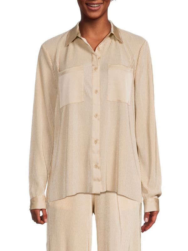 Рубашка на пуговицах из плиссированного атласа Saks Fifth Avenue