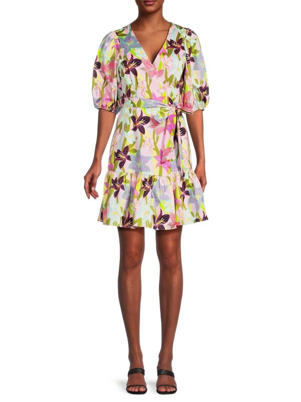 Мини-платье с запахом и пышными рукавами с цветочным принтом Hutch