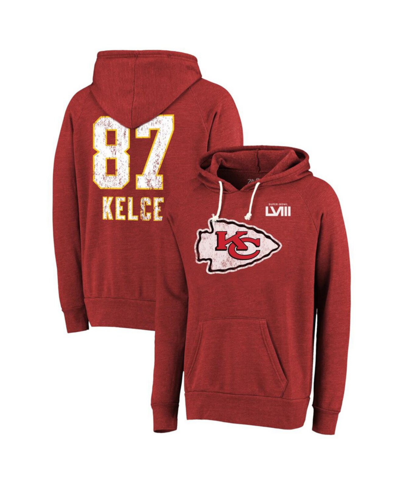 Мужские нитки Travis Kelce Red Distressed Kansas City Chiefs Super Bowl LVIII Имя и номер игрока пуловер с капюшоном из трех смесей Majestic