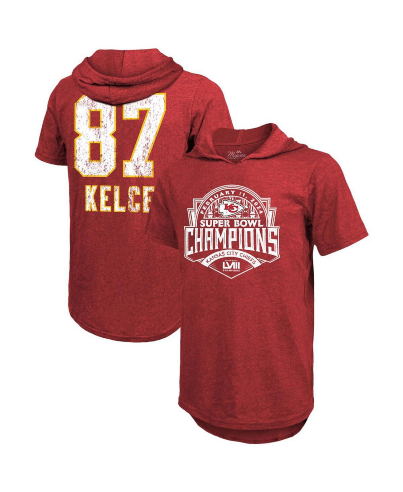 Мужская футболка с капюшоном Travis Kelce Red Distressed Kansas City Chiefs Super Bowl LVIII, имя и номер игрока, футболка с капюшоном Tri-Blend Majestic