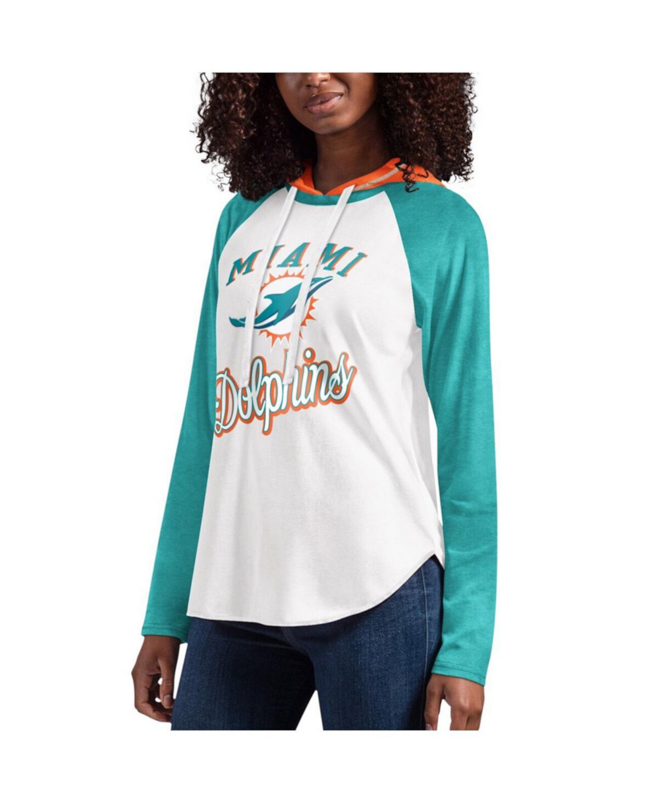 Женская белая футболка с капюшоном и длинными рукавами Miami Dolphins MVP реглан G-III