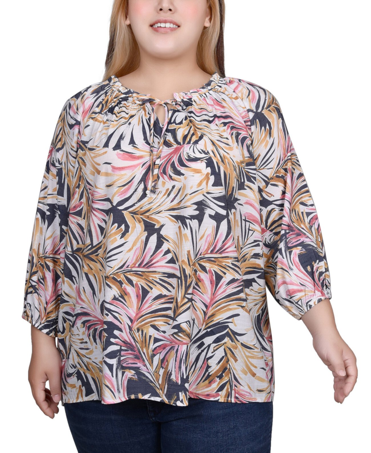 Женская Блузка NY Collection Plus Size 3/4 Sleeve Drawstring Neck Blouse NY Collection