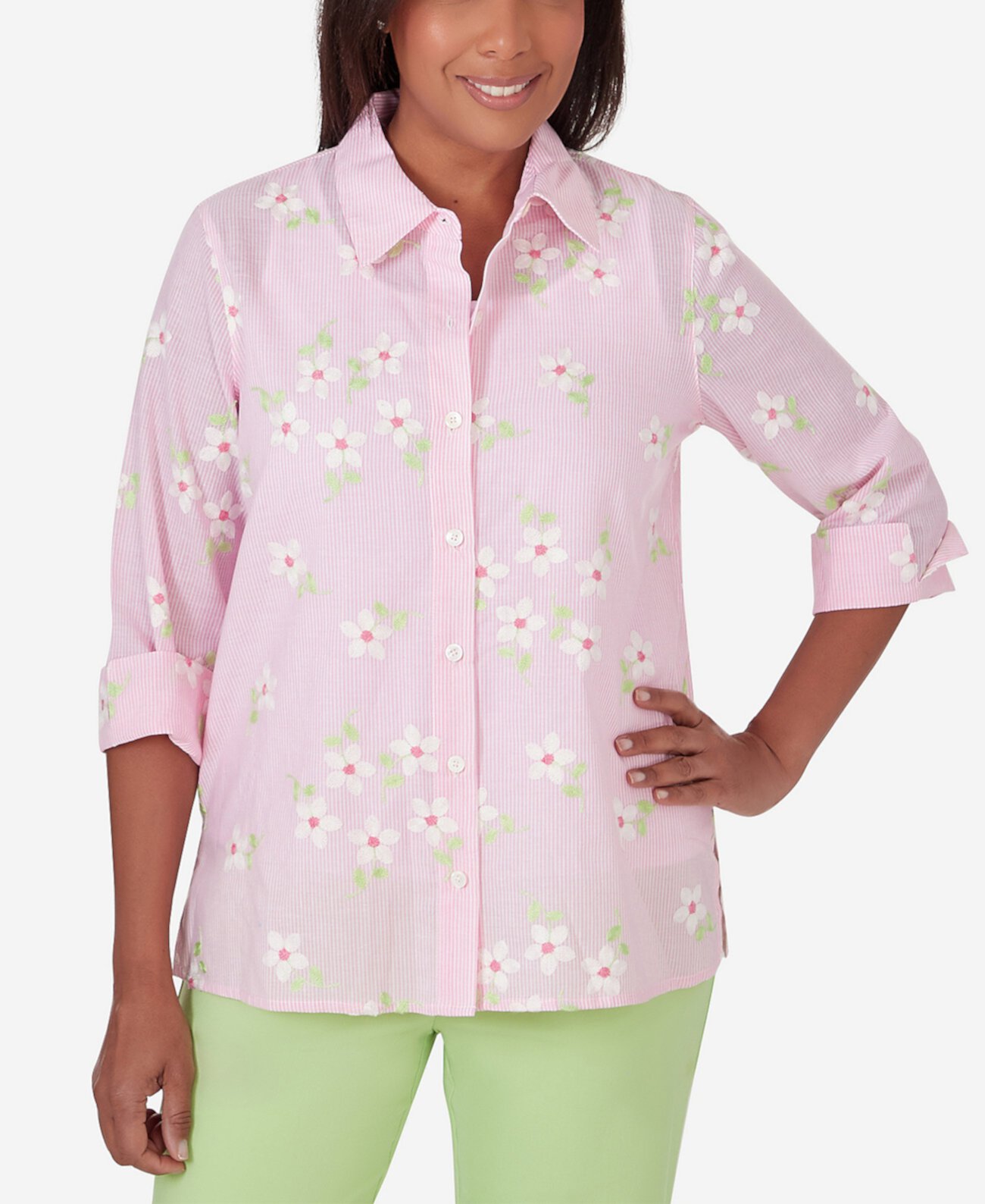 Блуза Petite Miami Beach в тонкую полоску с цветочной вышивкой Alfred Dunner