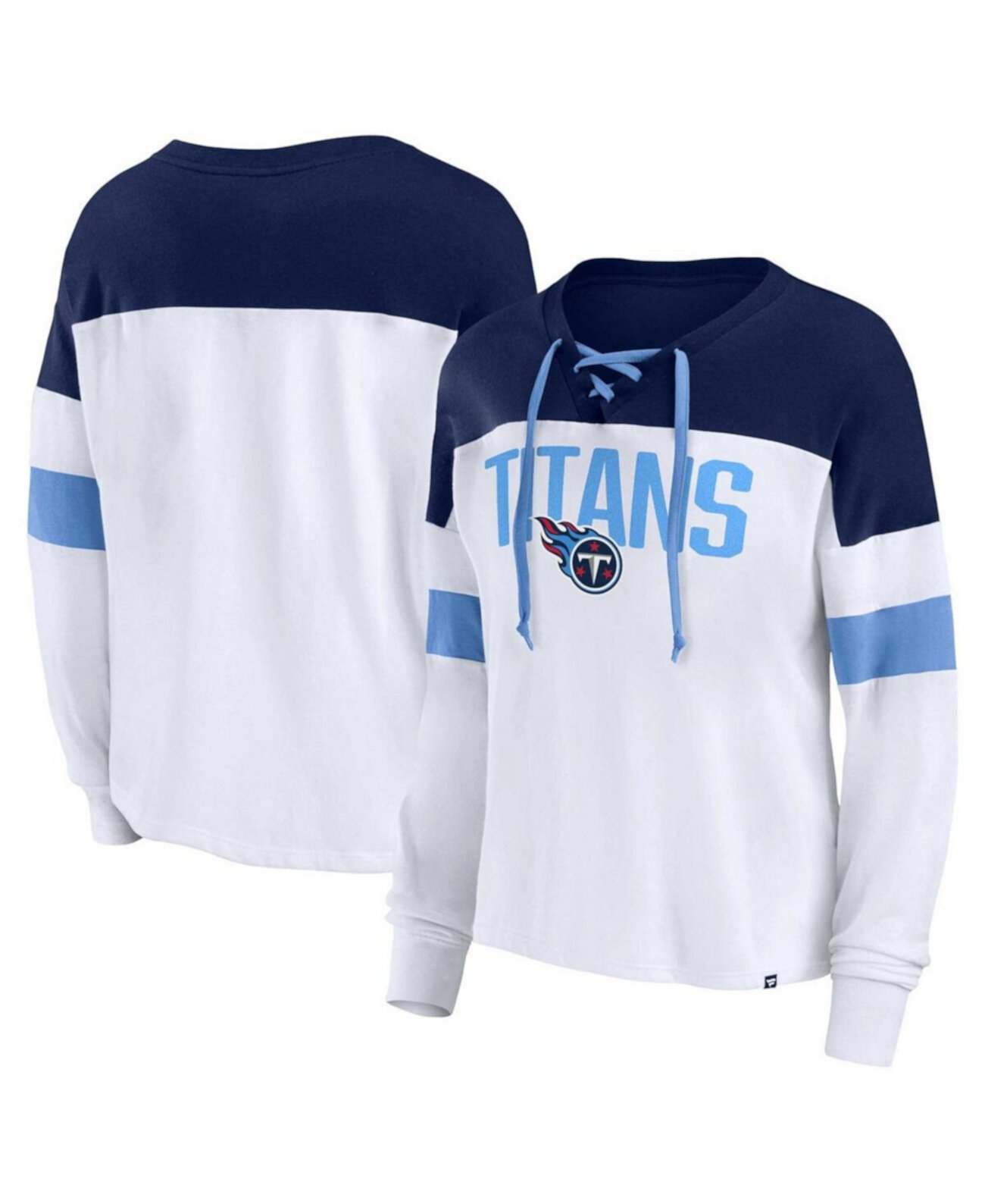 Женская бело-темно-синяя футболка Tennessee Titans размера плюс с v-образным вырезом и длинными рукавами на шнуровке Fanatics