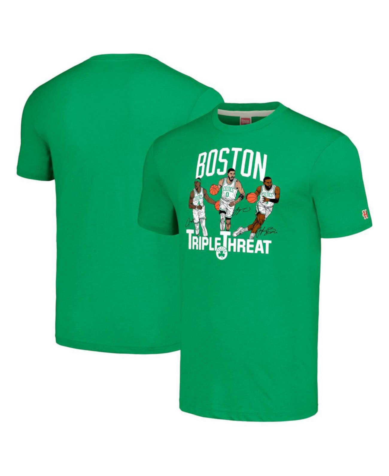 Мужская футболка Jrue Holiday, Jayson Tatum, Jaylen Brown Heather Kelly Green Boston Celtics Triple Threat Player Tri-Blend Homage