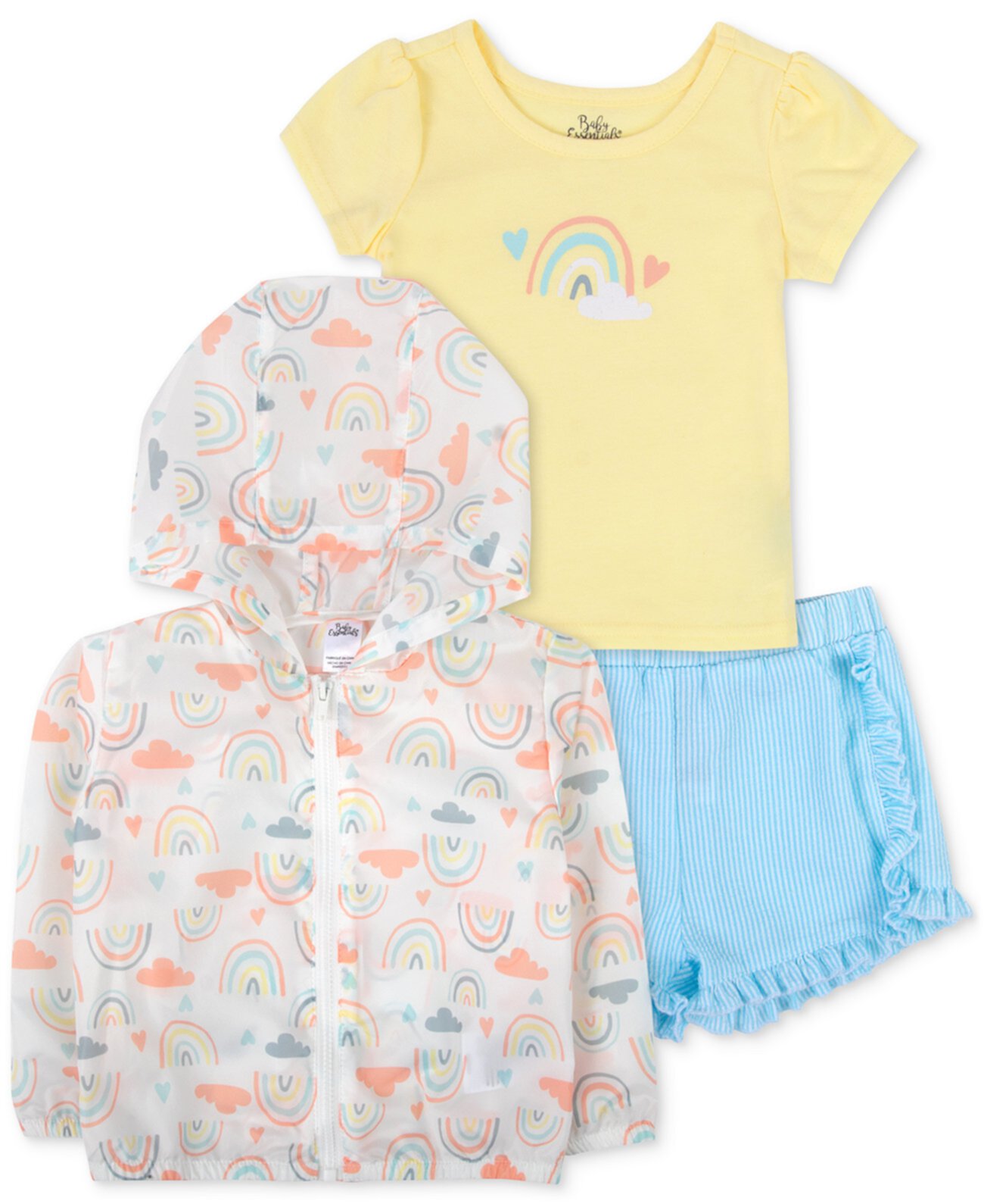 Ветровка для маленьких девочек, радужная футболка и шорты, комплект из 3 предметов Baby Essentials
