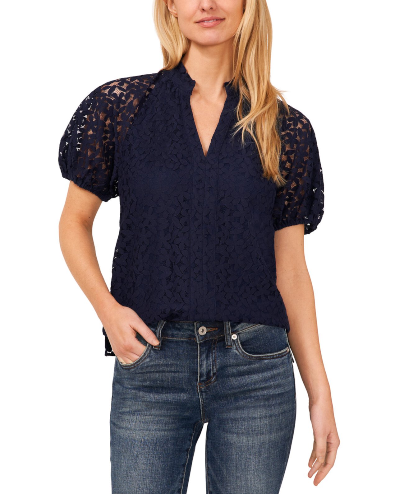 Women's Floral Lace Puff Sleeve Split Neck Top CeCe