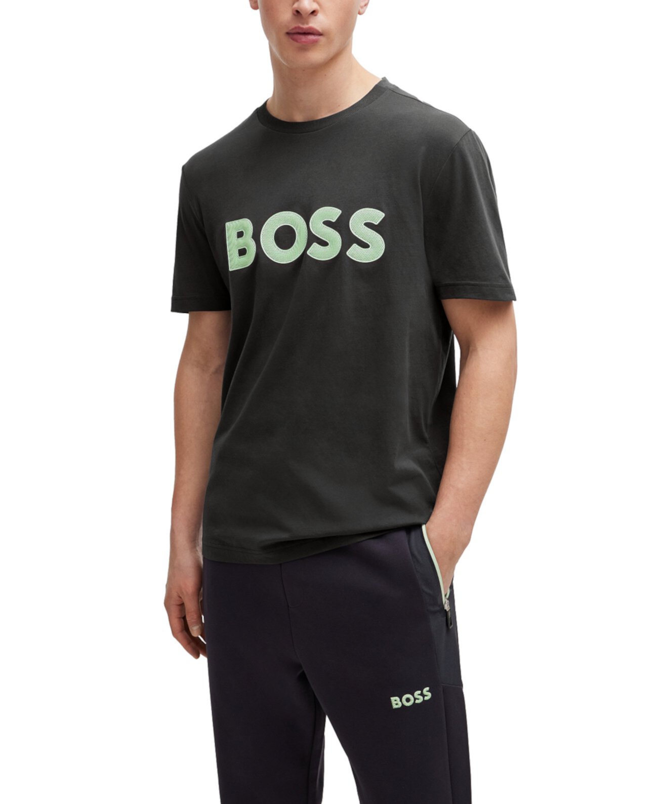 Мужская хлопковая футболка с логотипом BOSS в стиле сетки BOSS
