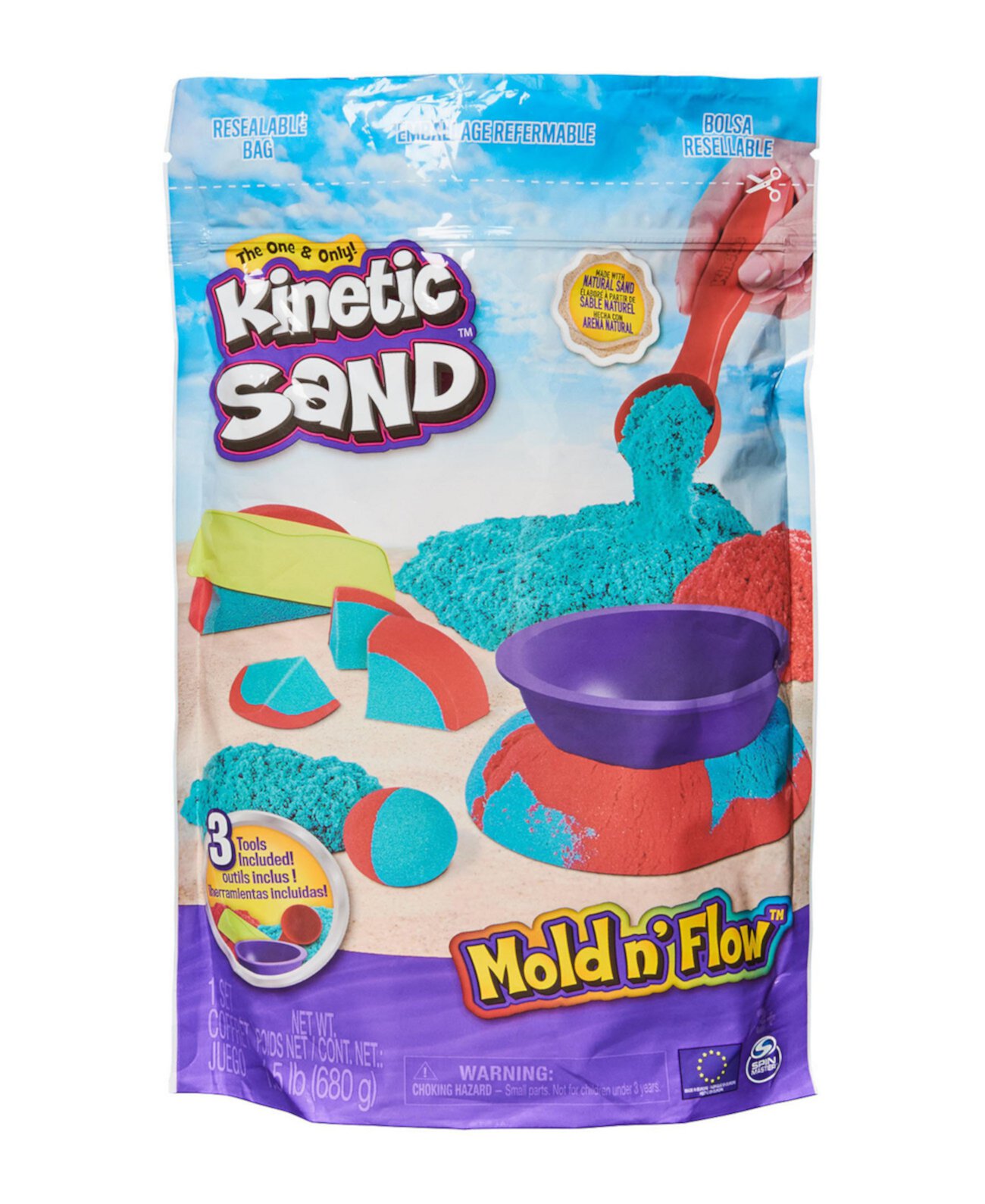 Mold N' Flow, 1,5 песка красного и бирюзового цвета, 3 инструмента, сенсорные игрушки для детей от 3 лет и старше Kinetic