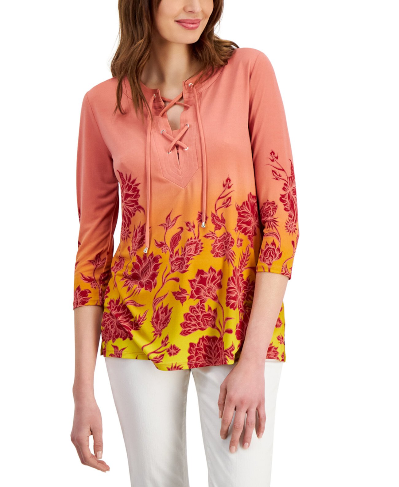 Petite Garden Lace-Up 3/4-Sleeve Tunic Top, Created for Macy's J&M Collection