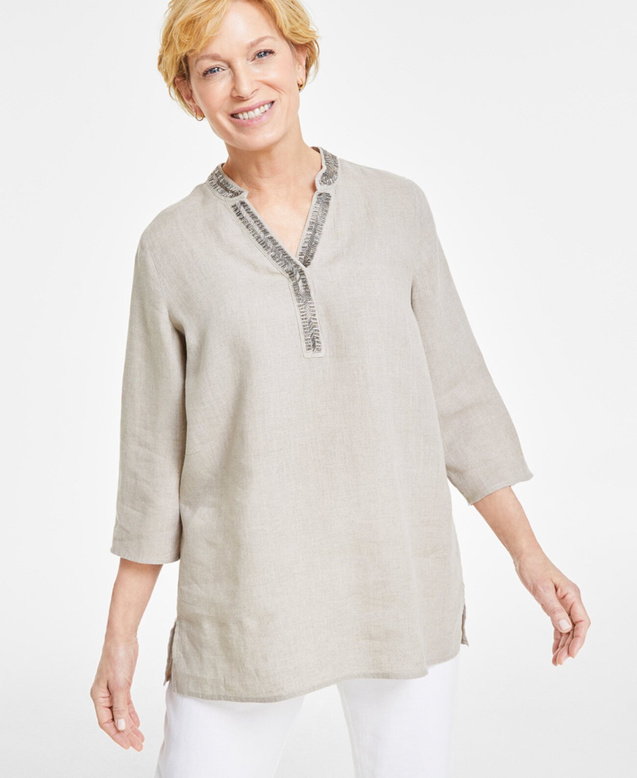 Petite Embellished-Neck 3/4-Sleeve Tunic, Created for Macy's Charter Club