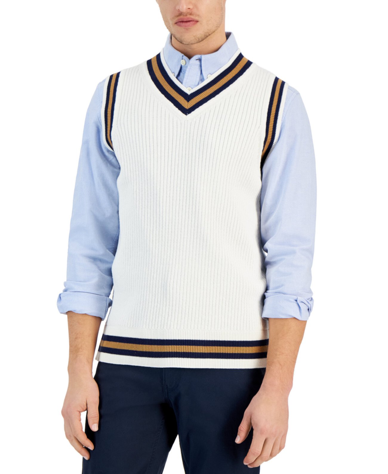 Мужской свитер-жилет с V-образным вырезом и полосатой отделкой, созданный для Macy's Club Room
