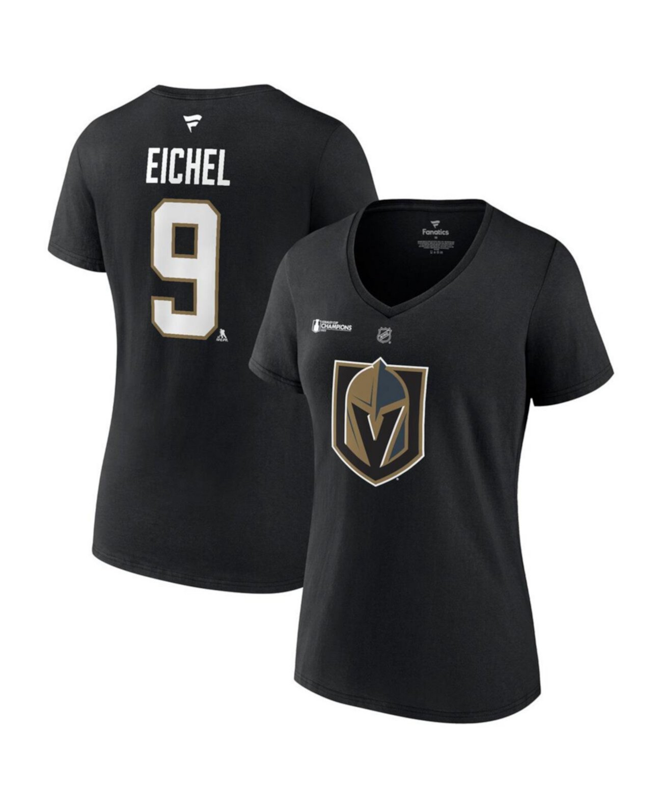 Женская черная футболка с v-образным вырезом Jack Eichel Vegas Golden Knights, чемпионы Кубка Стэнли 2023, имя и номер Fanatics