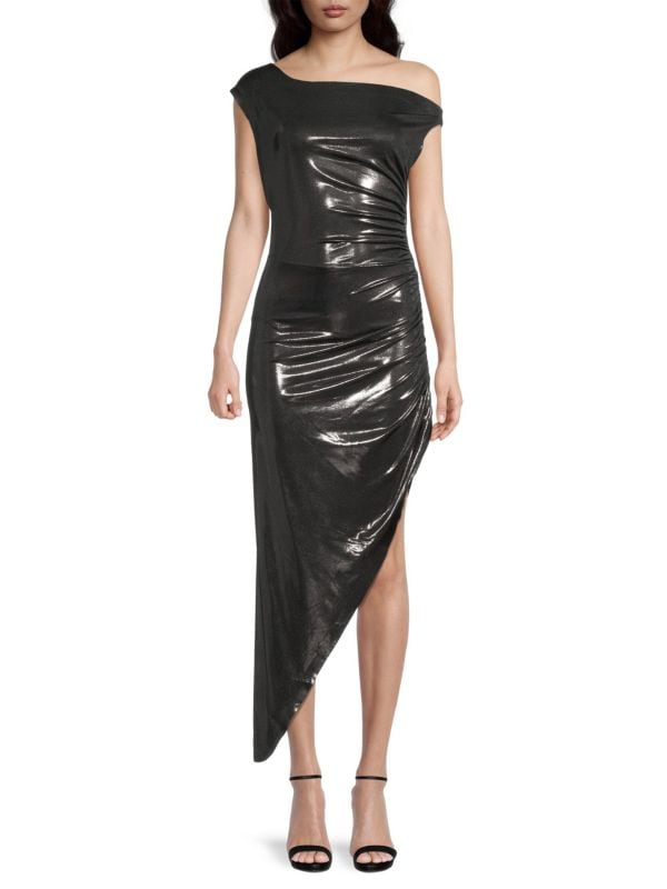 Асимметричное платье миди металлик с драпировкой Norma Kamali