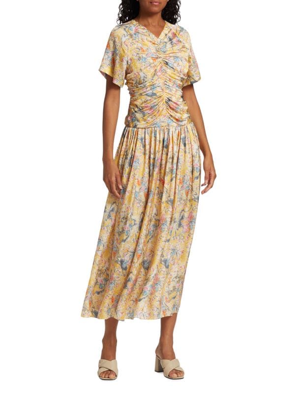 Платье миди со сборками и цветочным принтом Rosetta Getty