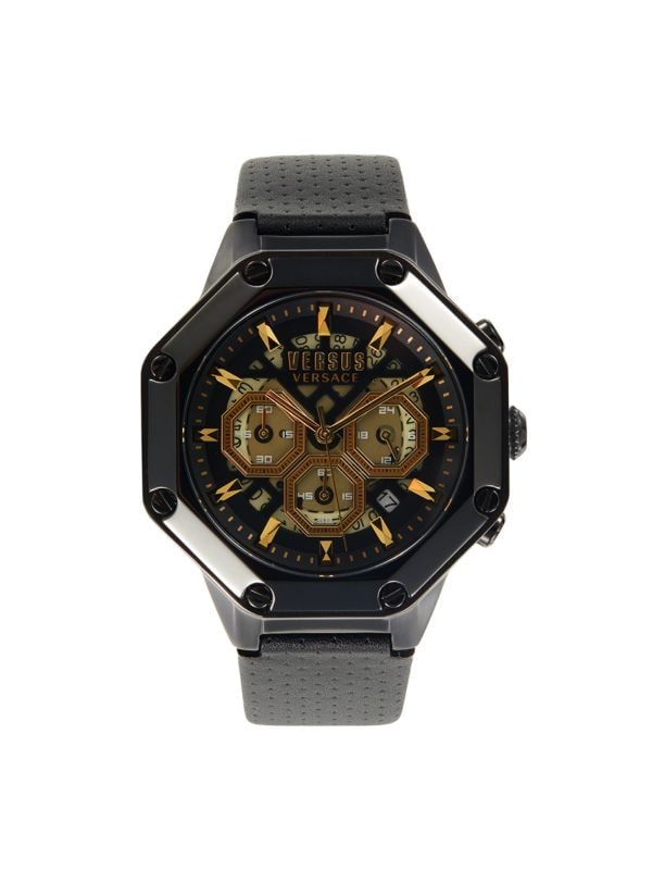 Черные часы-хронограф с кожаным ремешком из нержавеющей стали Versus Versace