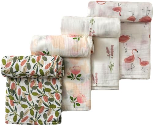 4-Pack Muslin Swaddle Blankets for Baby Girls - Silky Soft and Breathable Baby Blankets for Girl, Boy, Baby Swaddle Blanket Unisex, Receiving Blankets (4 Pack -Peach Floral) Little Jump