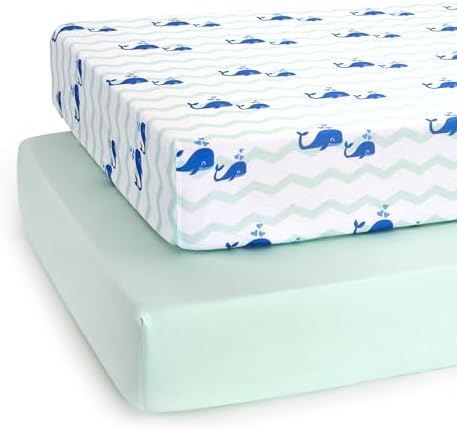 TILLYOU, 2 комплекта простыней для детской кроватки, наматрасник для детской кроватки эластичной вязки из джерси, игровой дворик, манеж, простыня для манежа для мальчика-девочки, стандартные 28 x 52 x 8 дюймов, темно-синий и светло-зеленый TILLYOU