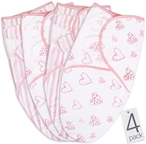 Biloban Baby Swaddles 0-3 Months for Girls, Baby Swaddle, Newborn Swaddle, Cotton Swaddle Blanket, Newborn Essentials, Lovely Pink Print, 4 Pack Biloban