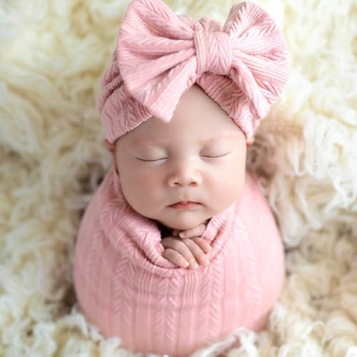 Ylsteed Baby Swaddle Blanket Newborn Swaddle Wrap Receiving Blankets Newborn Photography Wrap Props with Hat and Bow Headband Baby Stretch Knitted Wrap for Boys Girls 31.5"x35.4" 3Pcs-Pink Ylsteed