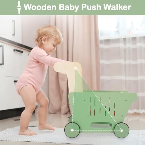 DAILYLIFE 23-in-1 Wooden Baby Push Walker Learning Walker, Grocery Shopping Cart for Kids with 22 PCS Pretend Cutting Play Food Set, Vibrant Colors Sit to Stand Walker for Toddlers 1-3y (Green) DAILYLIFE