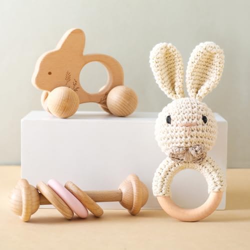 Деревянная детская погремушка, 3 шт., набор погремушек для автомобиля, вязаное крючком кольцо-погремушка, деревянная игрушка Монтессори для новорожденных, подарки (кроличья погремушка) Let's make